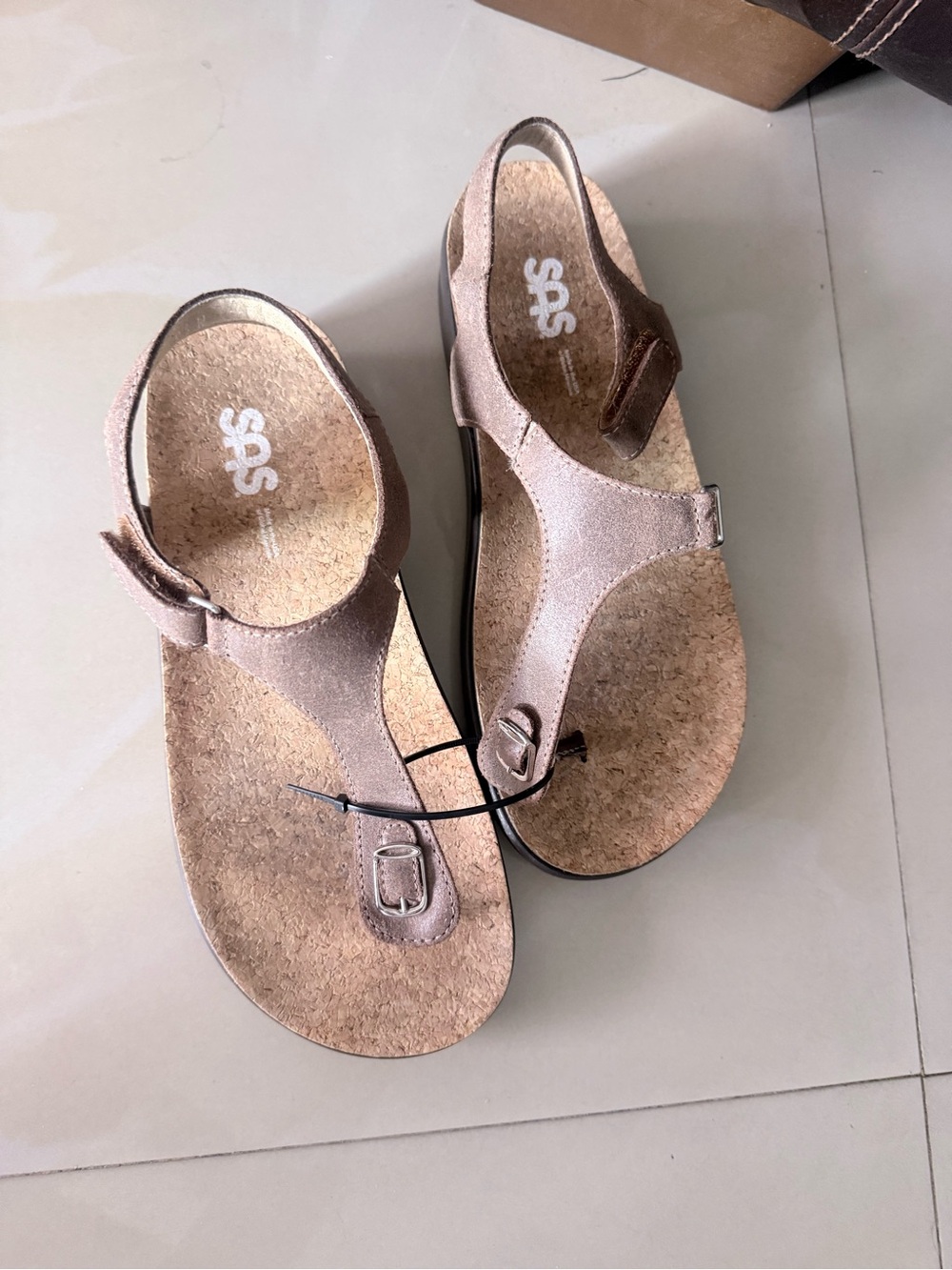 SAS Women's Metallic Taupe T‑Strap Cork Sandals